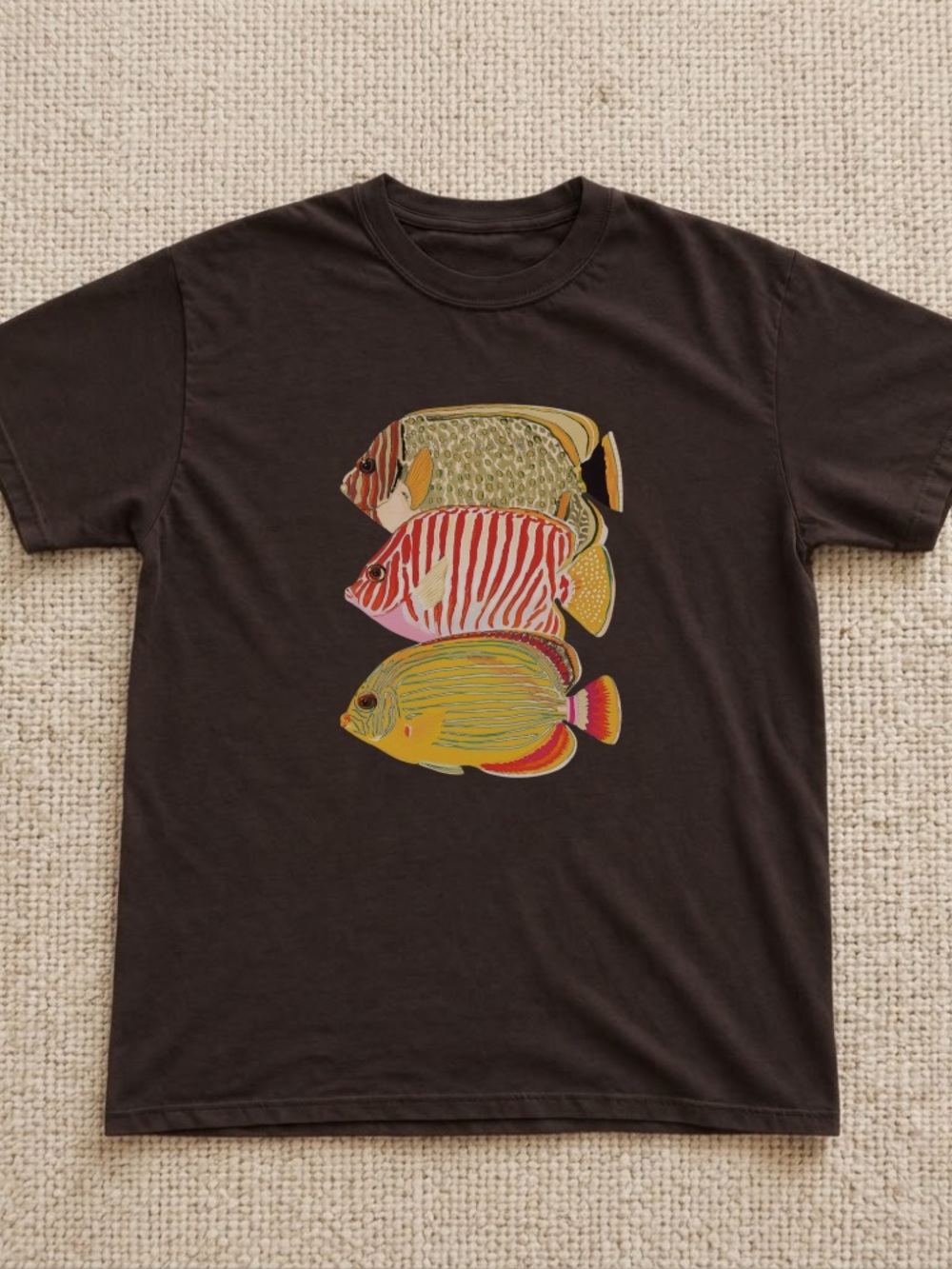 Colorful Fish Graphic T-Shirt - Dark Chocolate color with Multicolor Fish Design